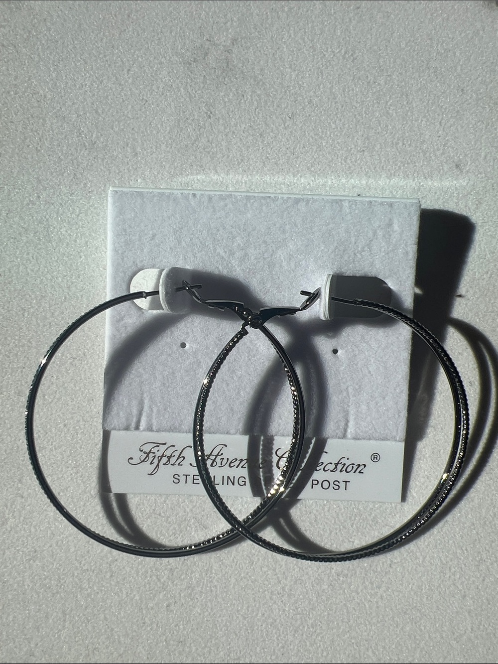 Fifth Avenue Collection Black Silver Textured Hoop Earrings